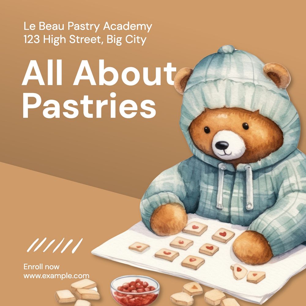 Pastry school Instagram post template, editable text