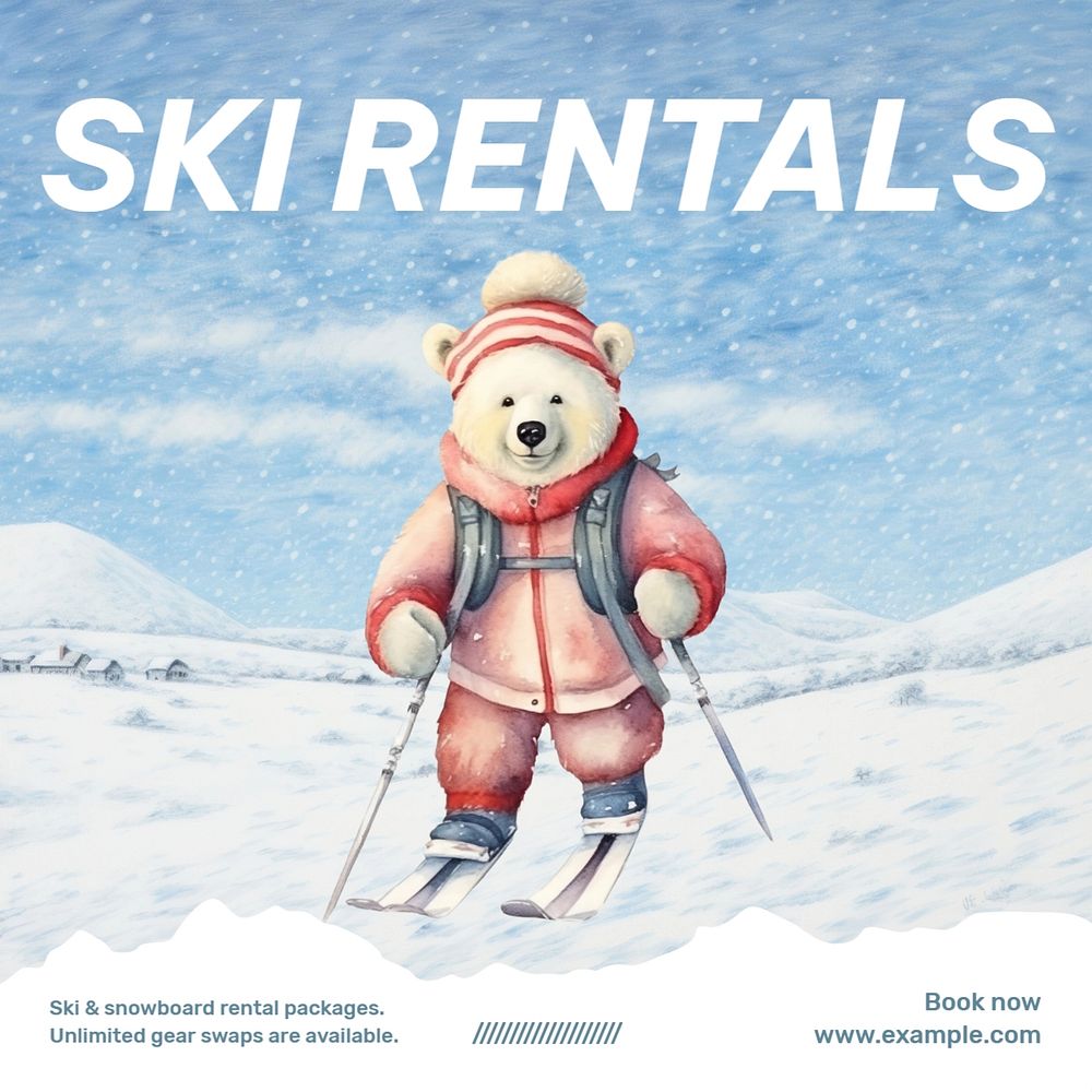 Ski rentals Instagram post template, editable text