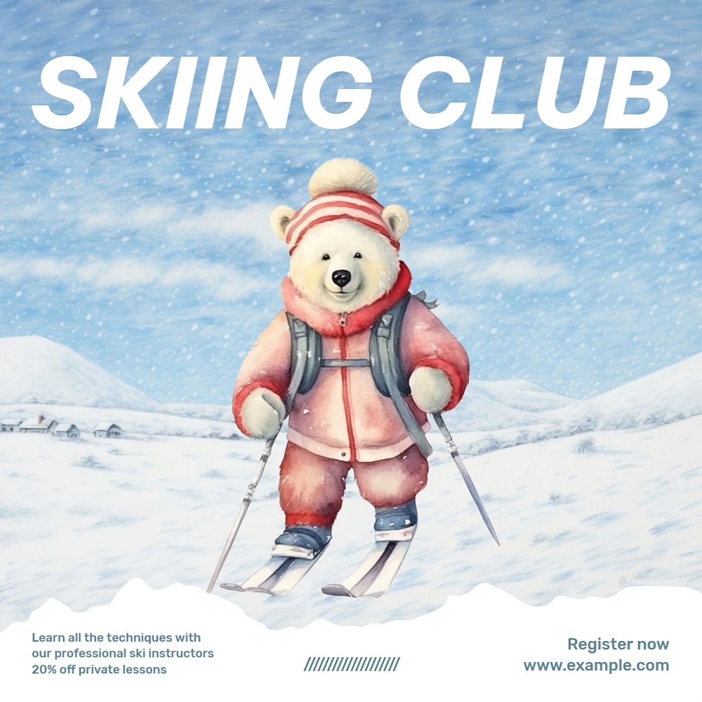 Skiing club Instagram post template, editable text