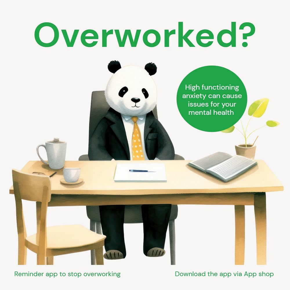 Overworking app ad Instagram post template, editable text