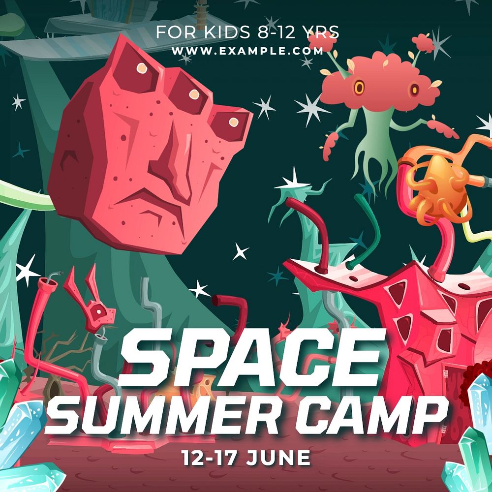 Summer camp Instagram post template, glitch game editable design