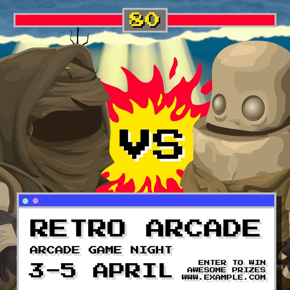 Retro Arcade Instagram post template, glitch game editable design