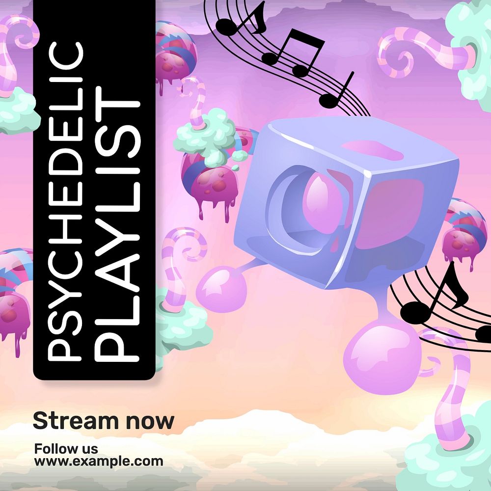 Psychedelic playlist Instagram post template, glitch game editable design