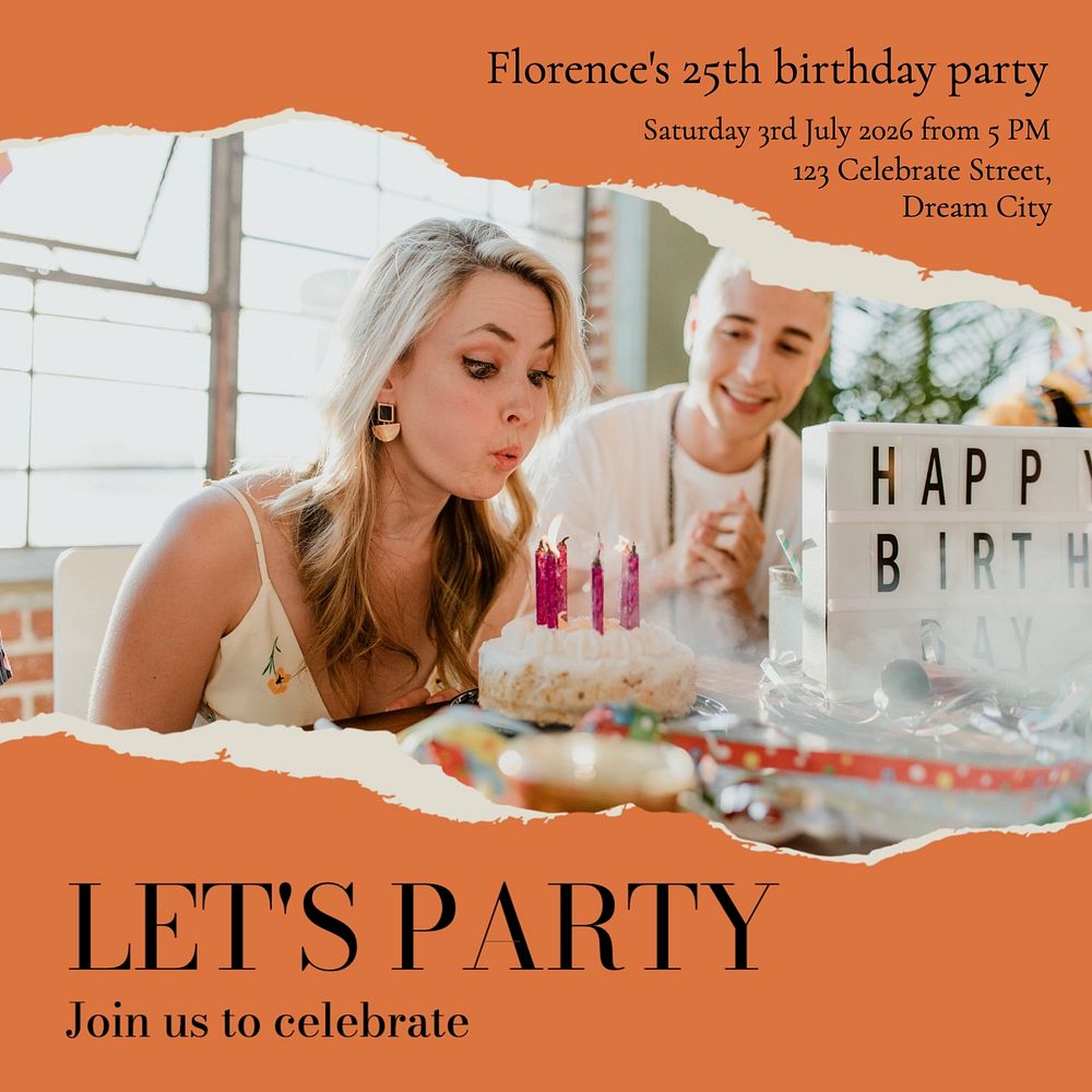 Party invitation Instagram post template, editable text