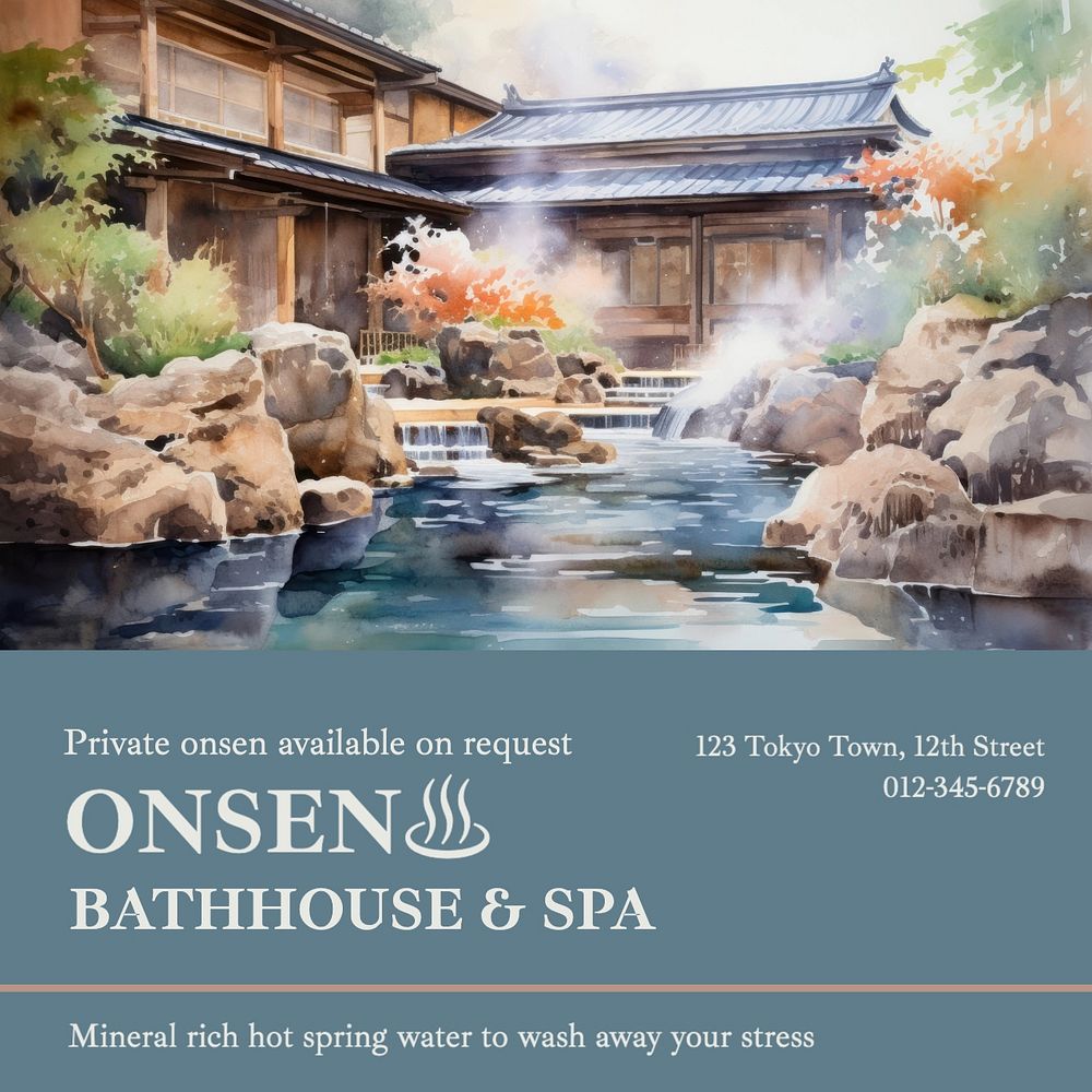 Onsen wellness ad Instagram post template, editable text