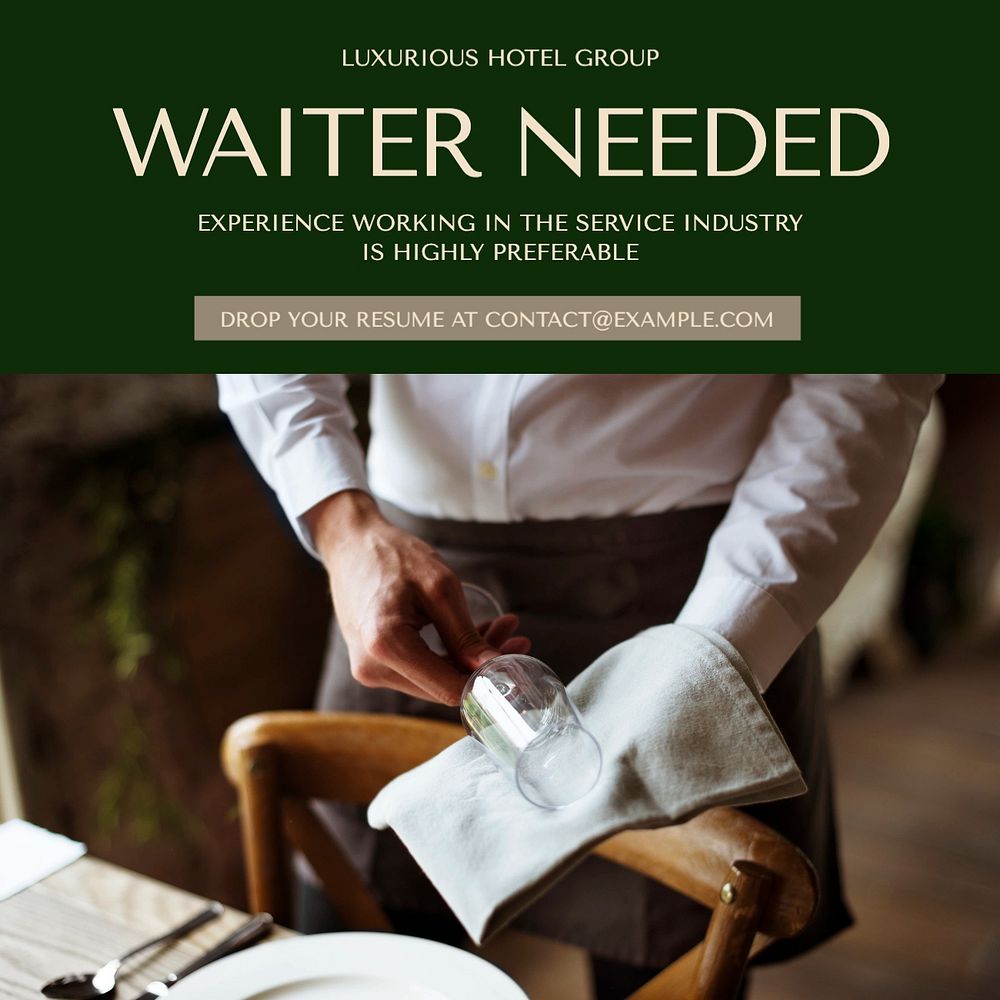 Waiter hiring Instagram post template, editable text