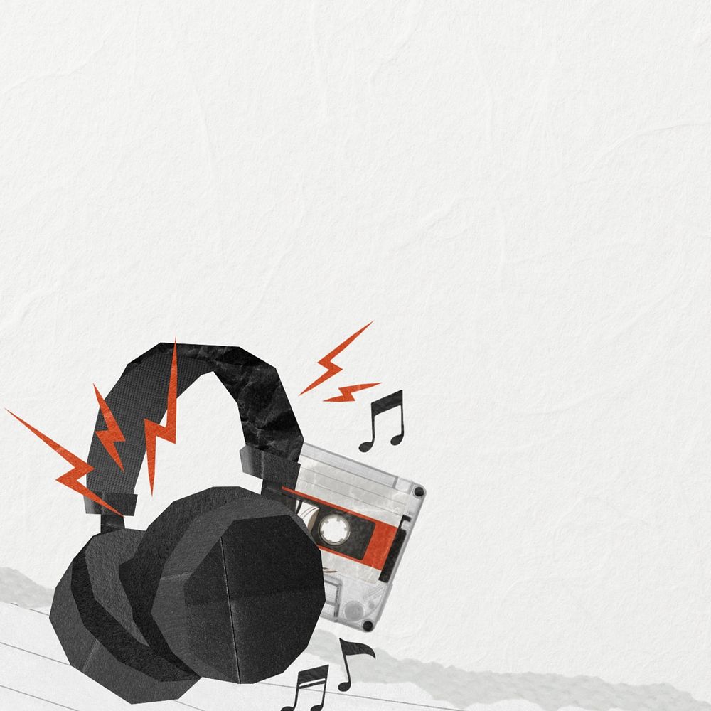 Headphones cassette tape background, ripped paper border, editable design