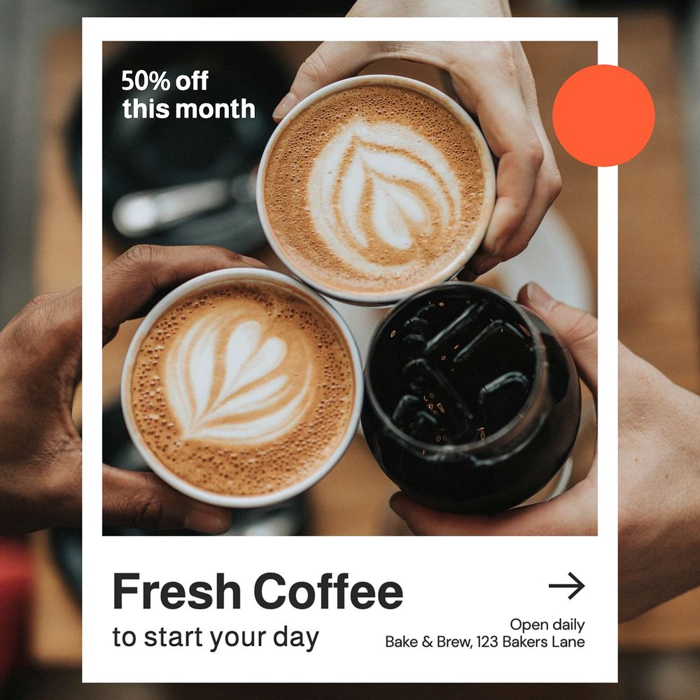 Fresh coffee Instagram post template, editable text