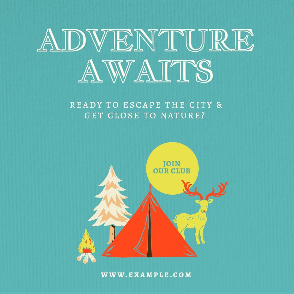 Camping & adventure club Instagram post template, editable text & design