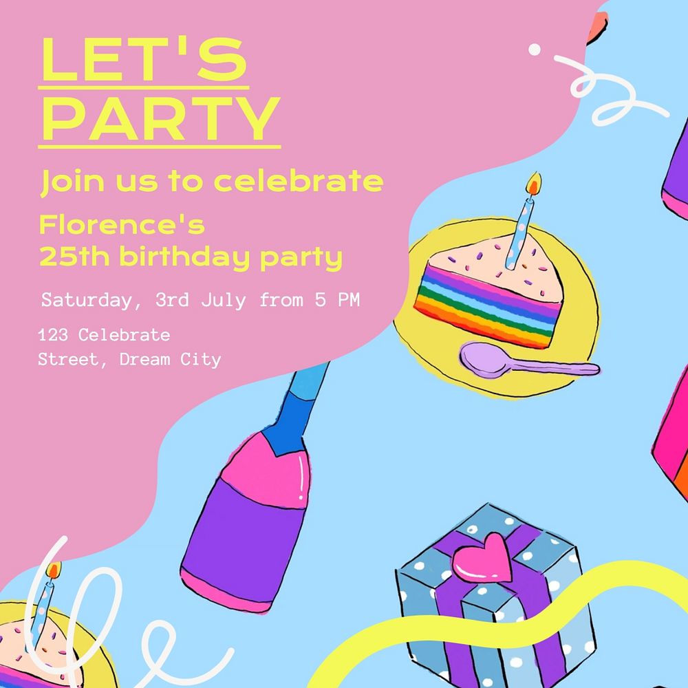 Party invitation Instagram post template, editable text