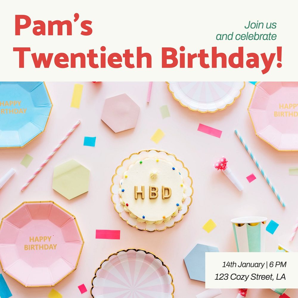 Birthday party Instagram post template, editable text