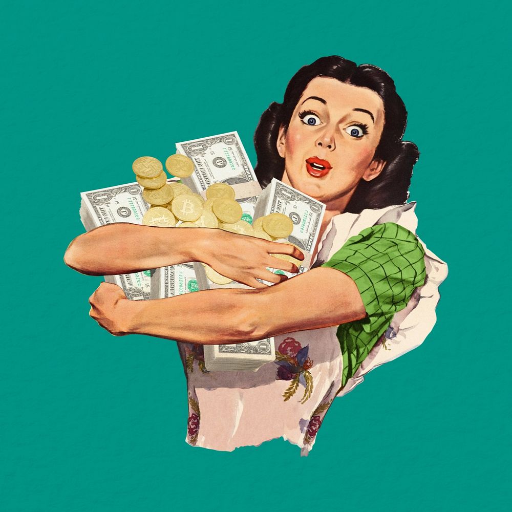 Vintage woman holding money, finance collage remix editable design