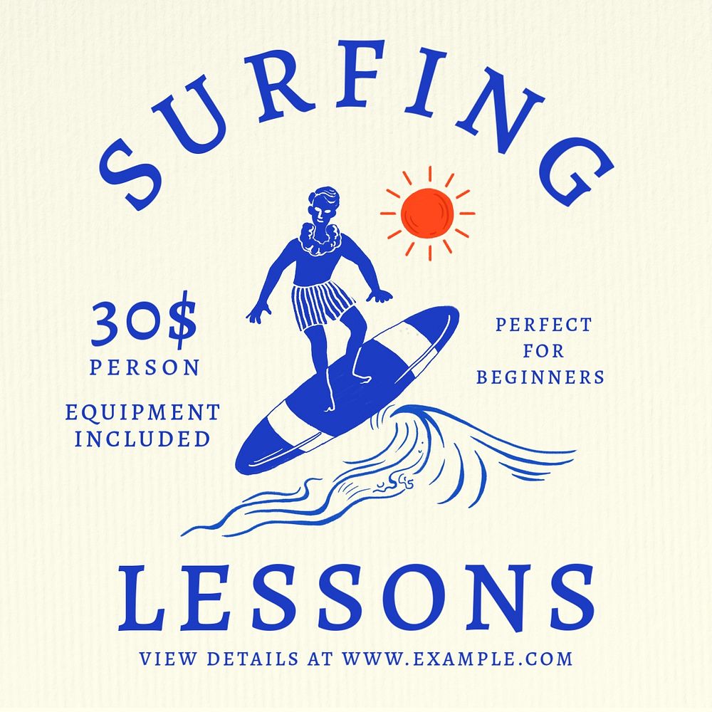 Surfing lessons Instagram post template, editable text & design