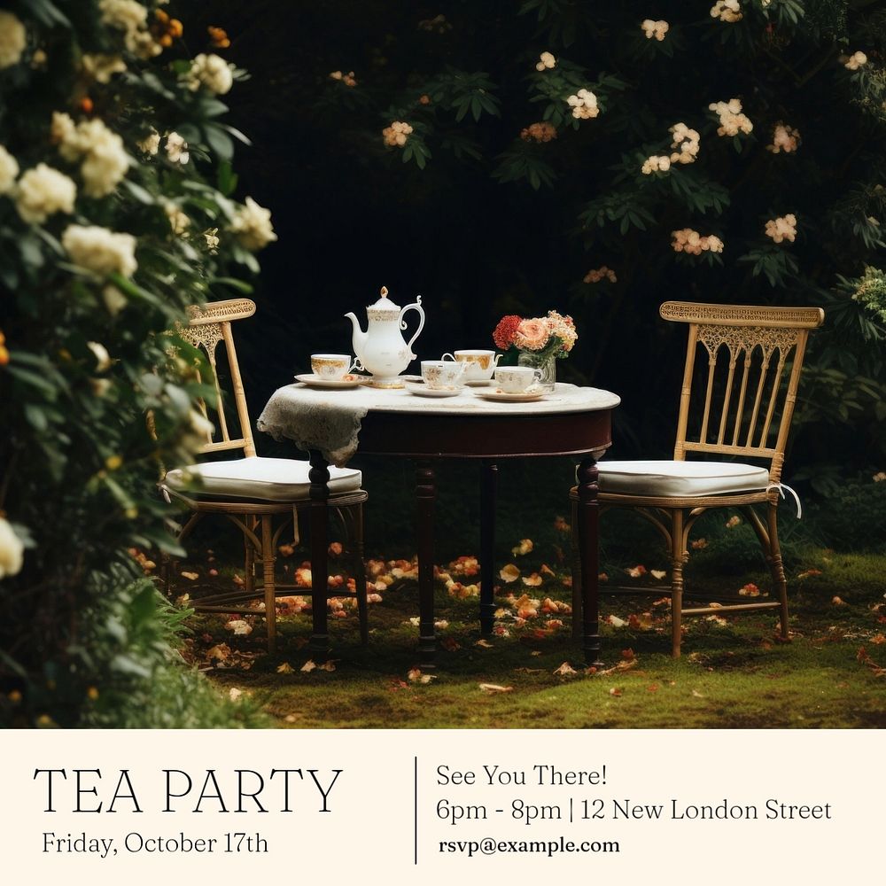 Tea party invitation Instagram post template, editable social media design