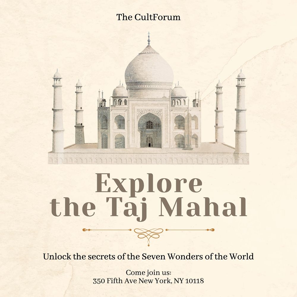 Taj Mahal, India Facebook post template, editable design