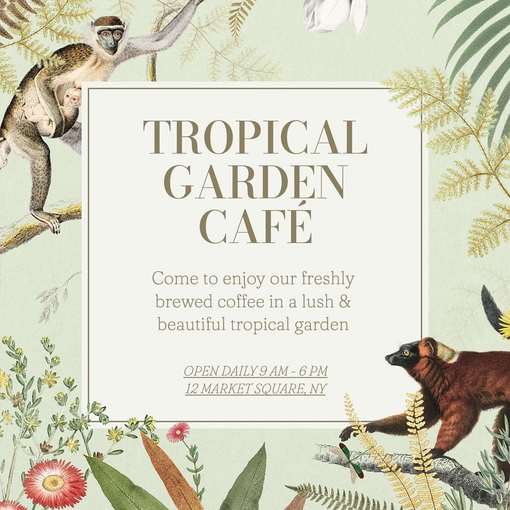 Tropical cafe Instagram post template, editable design