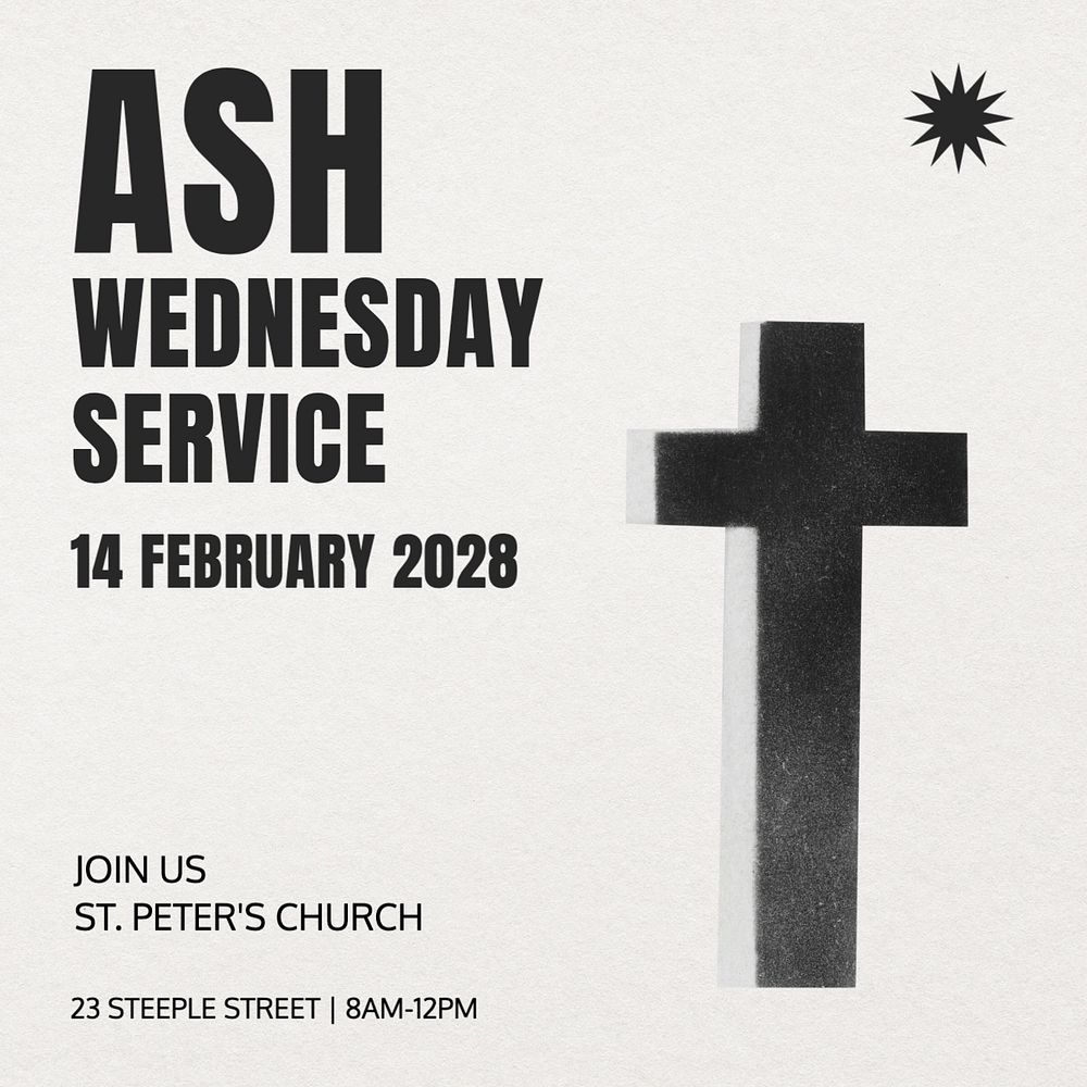 Ash Wednesday service Instagram post template, editable text