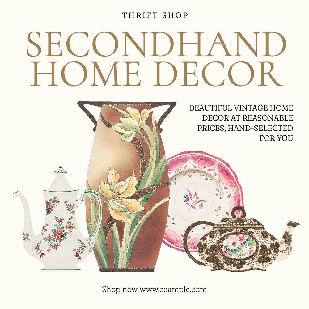 Secondhand decor shop Facebook post template, editable design