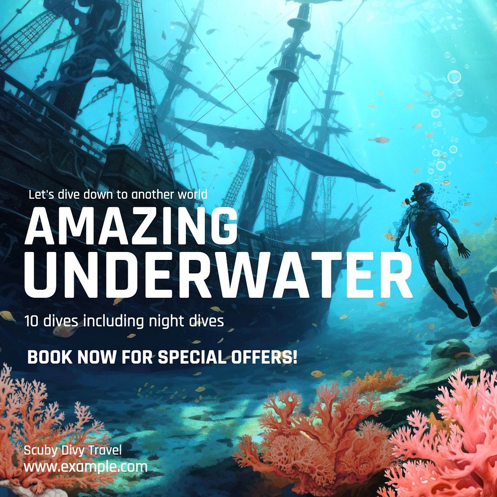 Underwater, diving trip Facebook post template, editable design