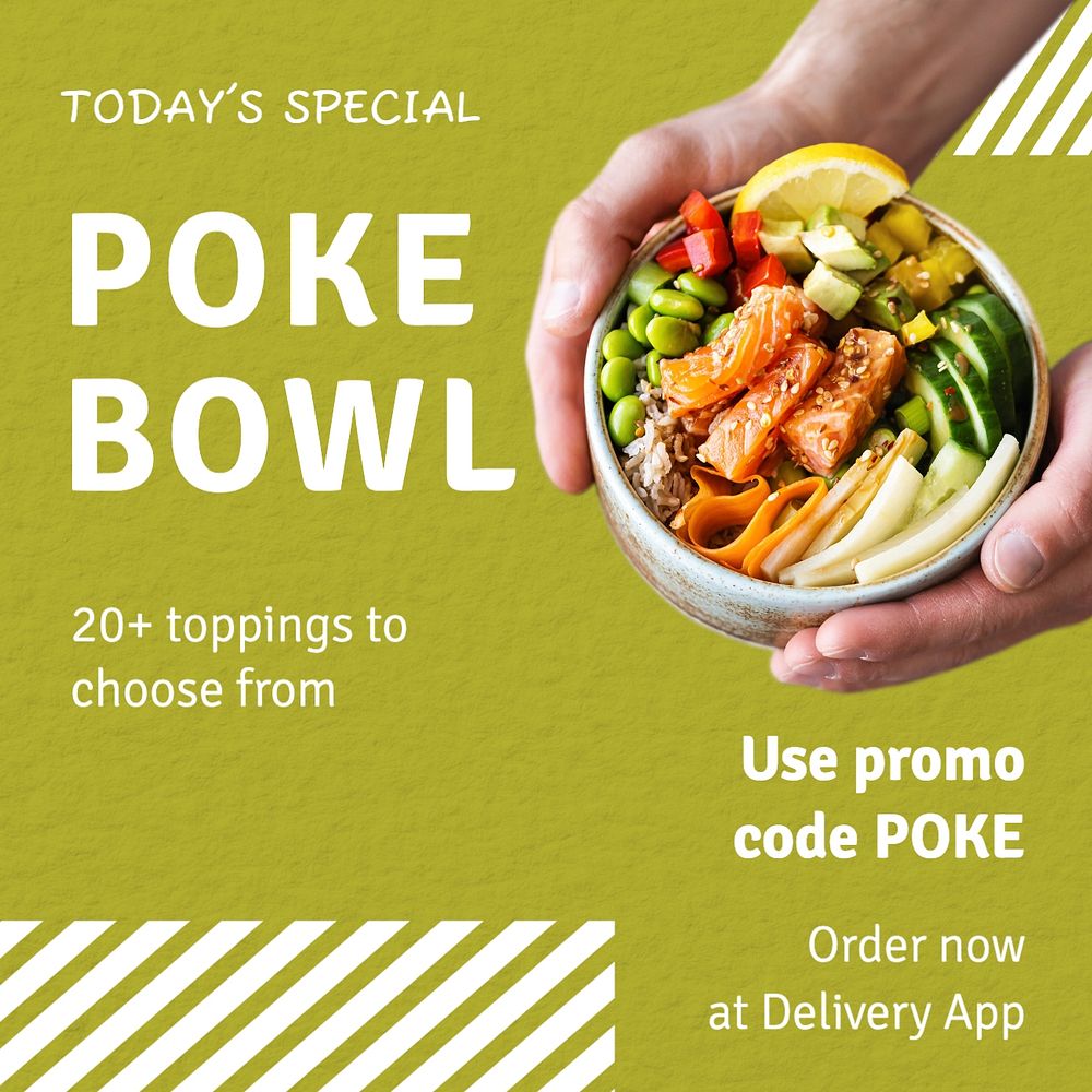 Poke bowl Instagram post template, editable text