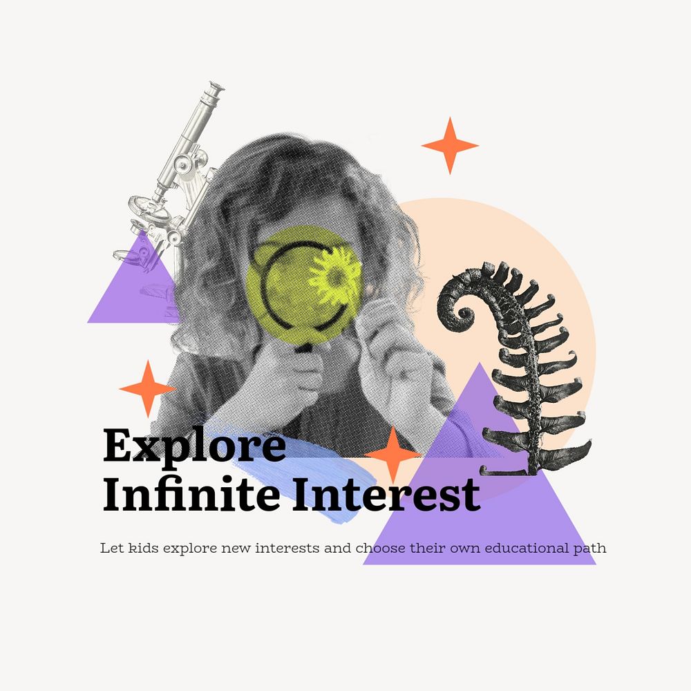 Child exploring interest Instagram post template, education geometric collage art, mixed media design