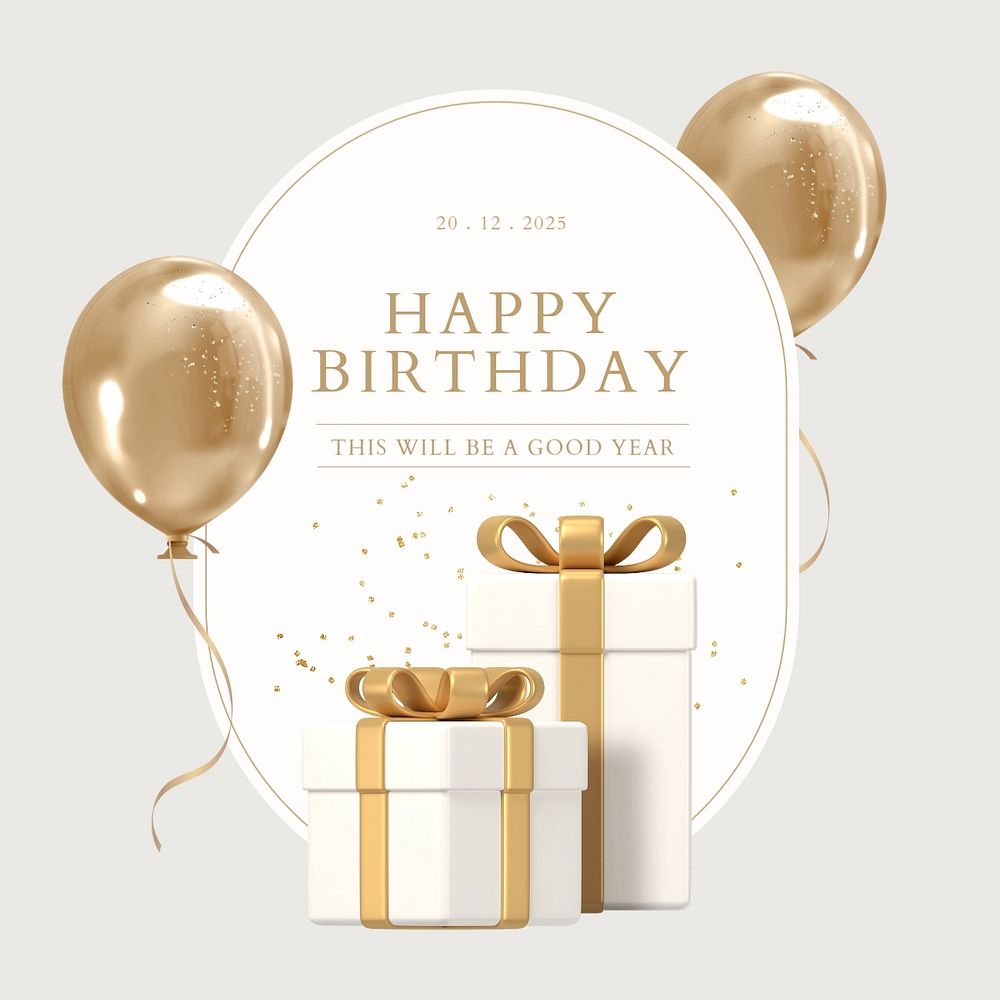 Gold birthday Instagram post template, 3D rendering aesthetic