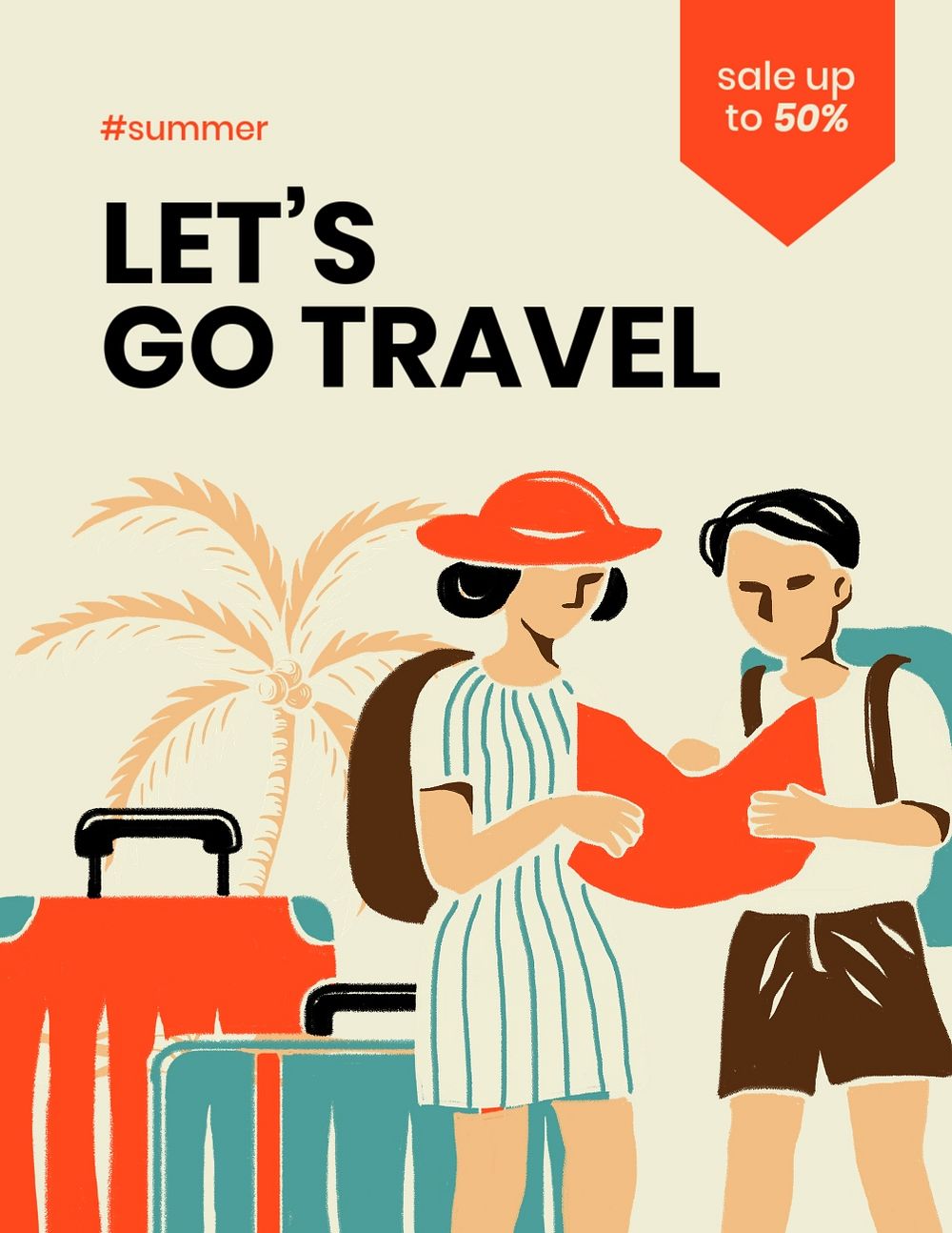 Retro travel flyer template, summer vacation