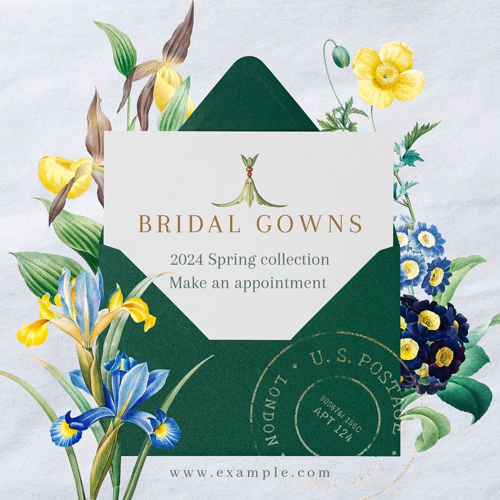 Bridal shop instagram post template, vintage botanical design, editable text