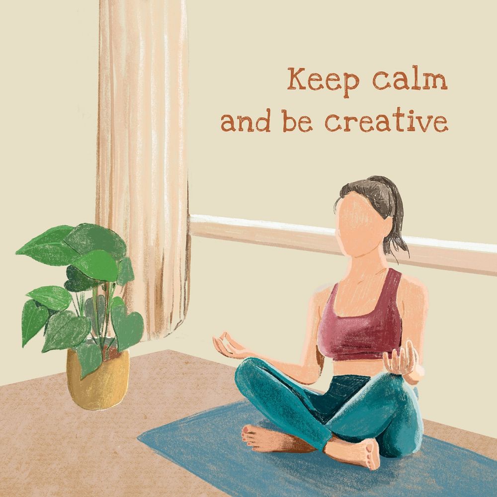 Home yoga instagram post template, aesthetic illustration, editable text