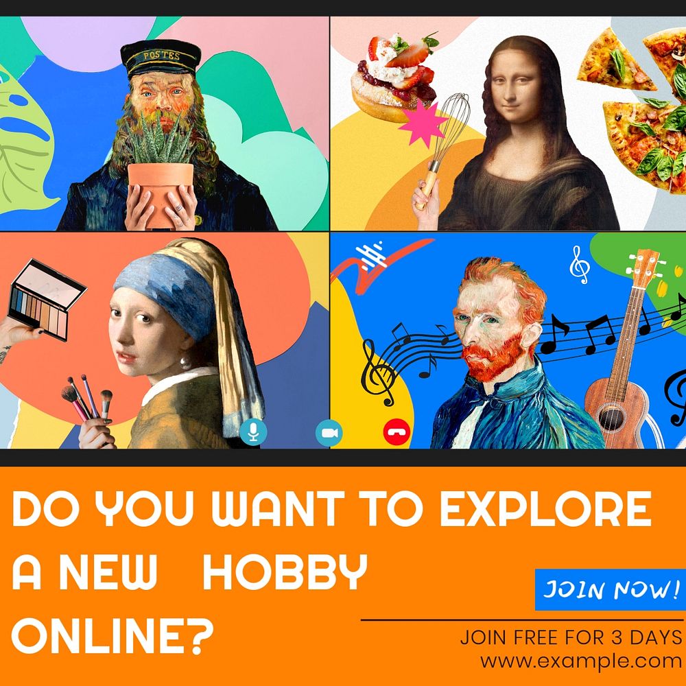 Online hobby Instagram post template, Van Gogh's, Johannes Vermeer's and Da Vinci's famous artworks, remixed by rawpixel.