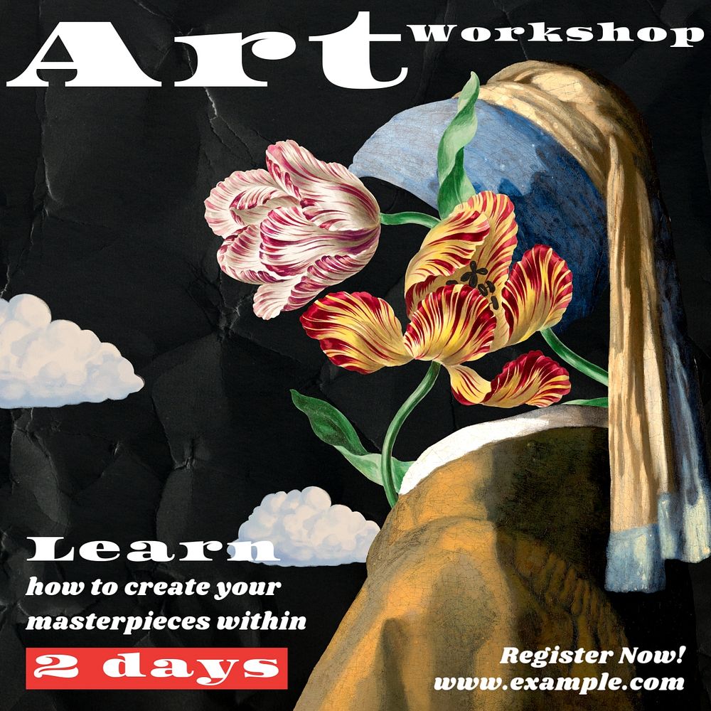 Art workshop Instagram post template, Girl with a Pearl Earring, famous artwork remixed by rawpixel.