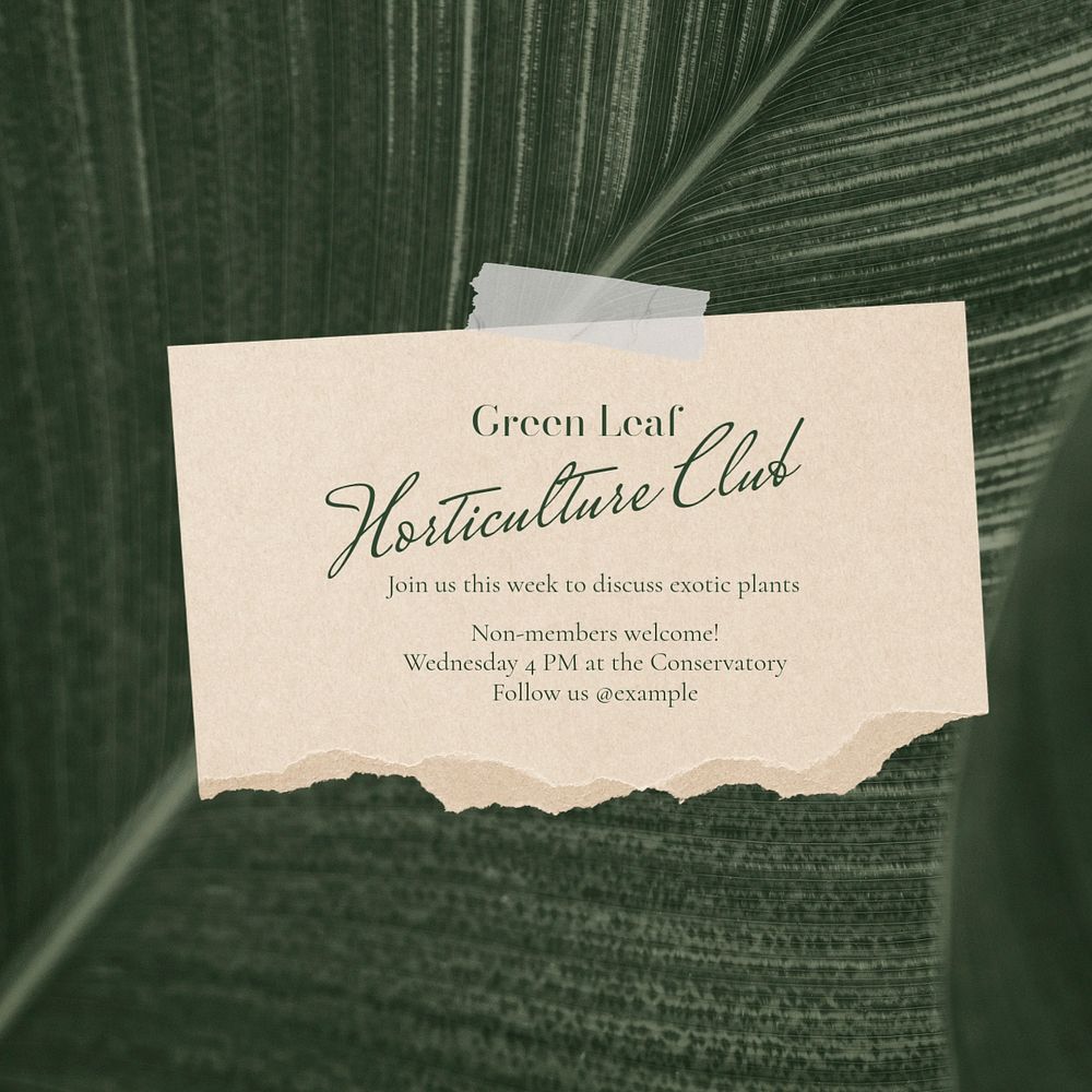 Green leaf club Instagram post template, editable text