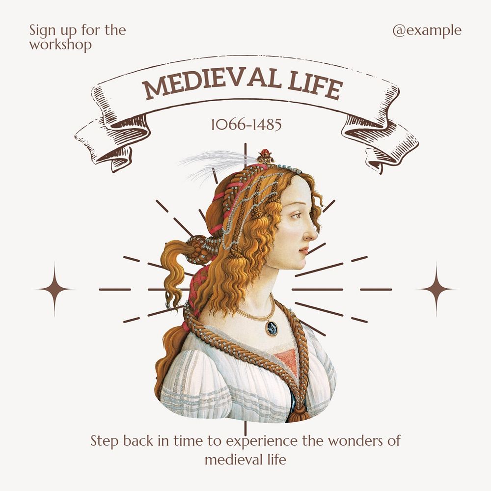 Medieval life Instagram post template, editable text