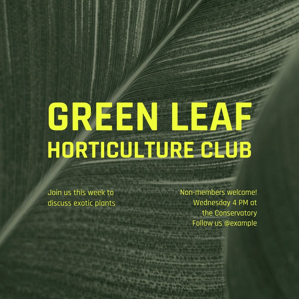 Green leaf club Instagram post template, editable text