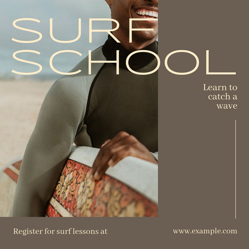 Surf school Instagram post template, editable text