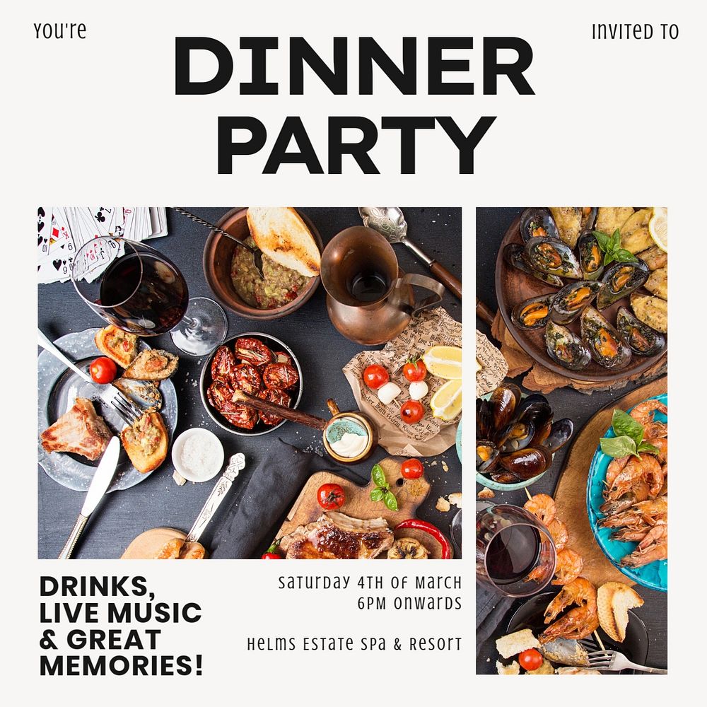 Dinner party invitation Instagram post template, editable design