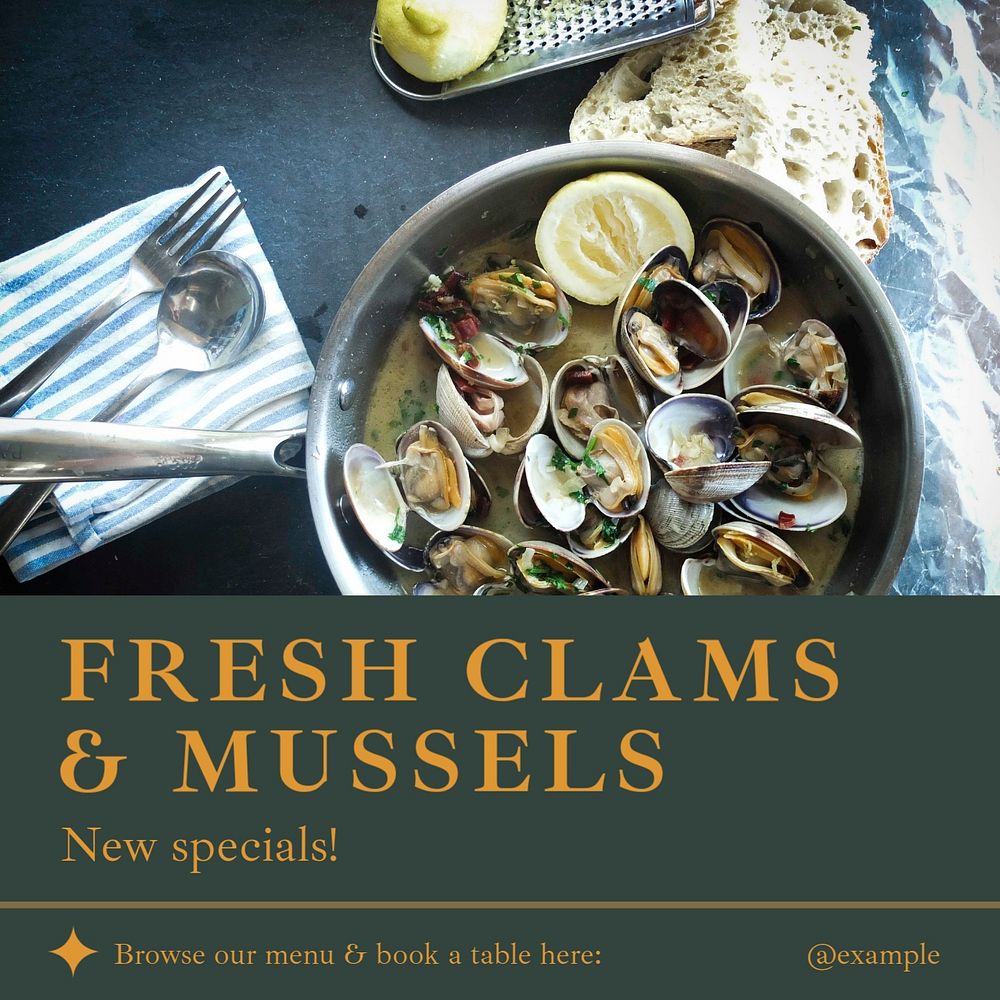 Clam & mussel dishes Instagram post template, editable social media design