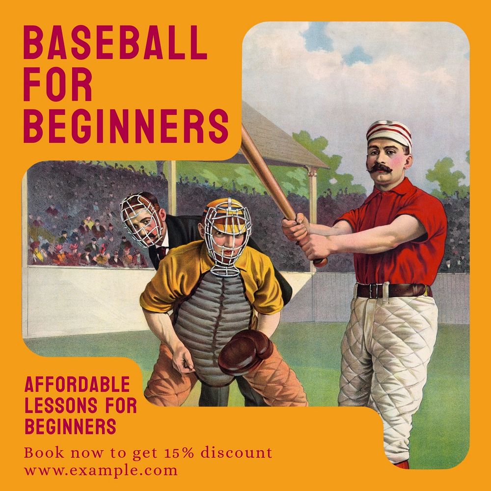 Baseball lessons Instagram post template, editable text