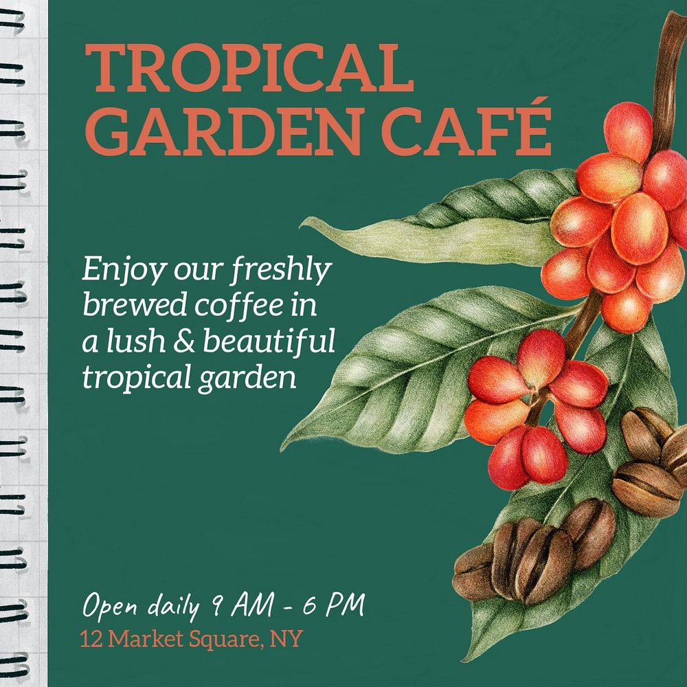 Tropical cafe Instagram post template, editable text