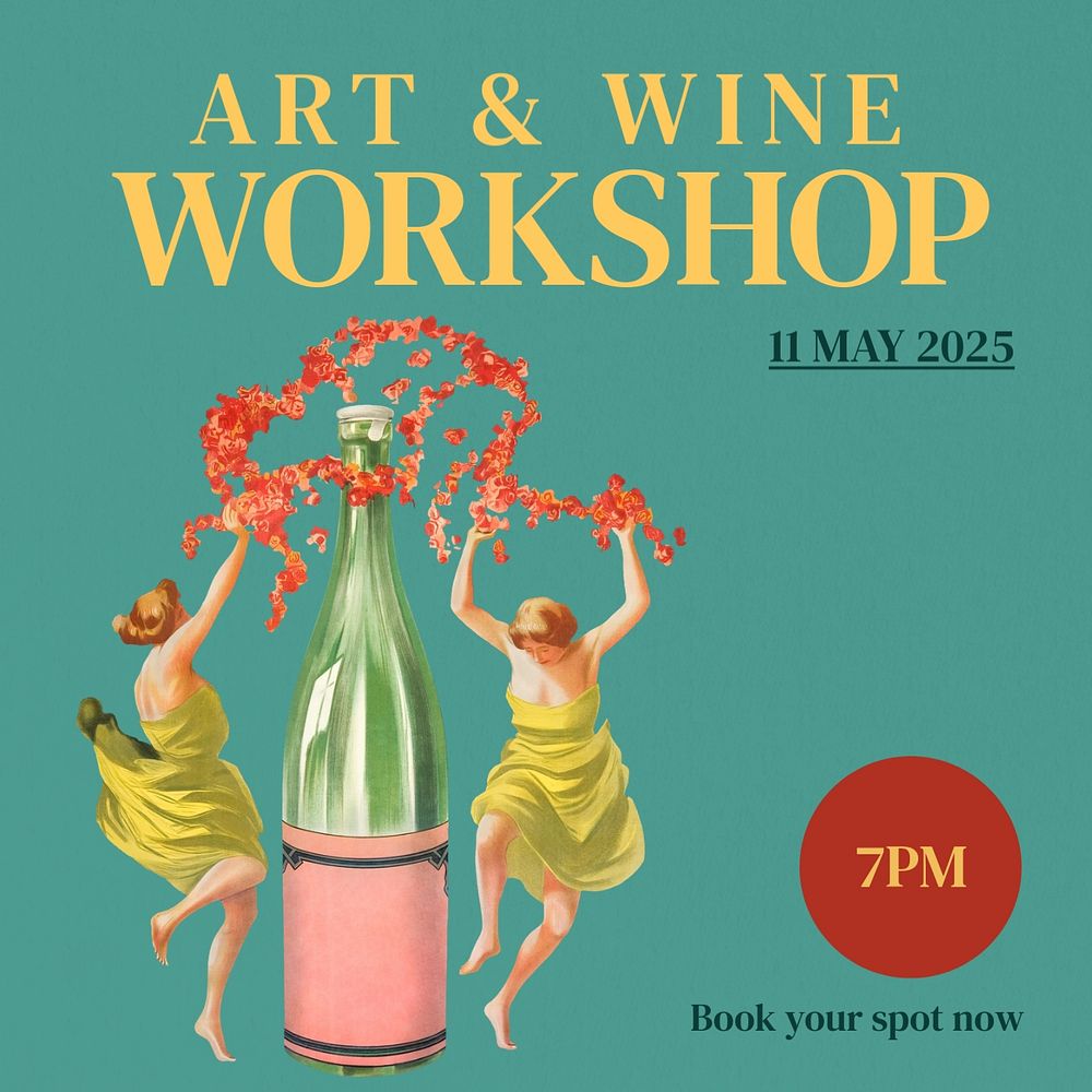 Art & wine workshop Instagram post template, editable text