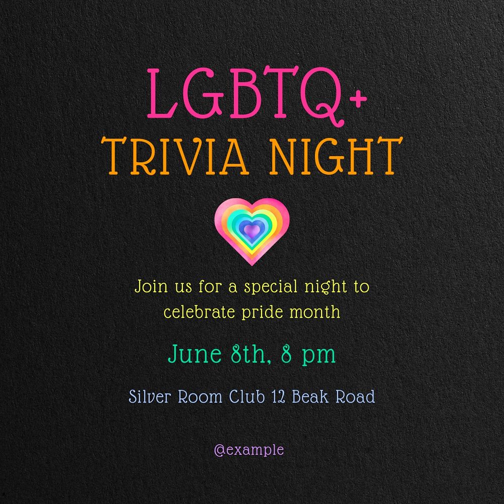 LGBTQ+ night Instagram post template, editable text