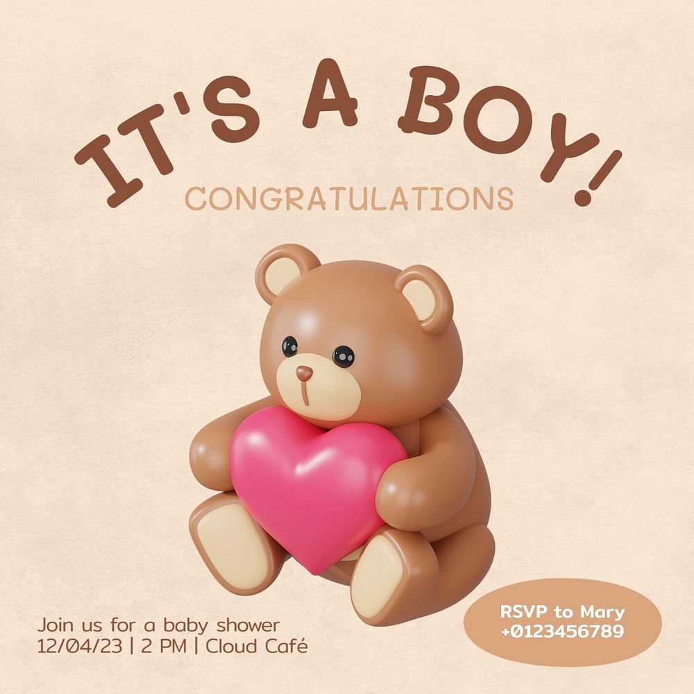 Boy baby shower Instagram post template, editable text