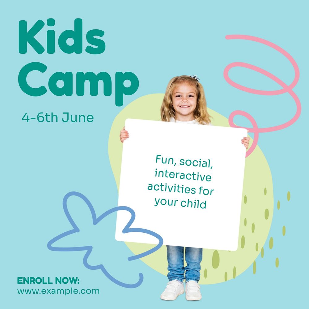 Kids camp social post template, editable design for Instagram