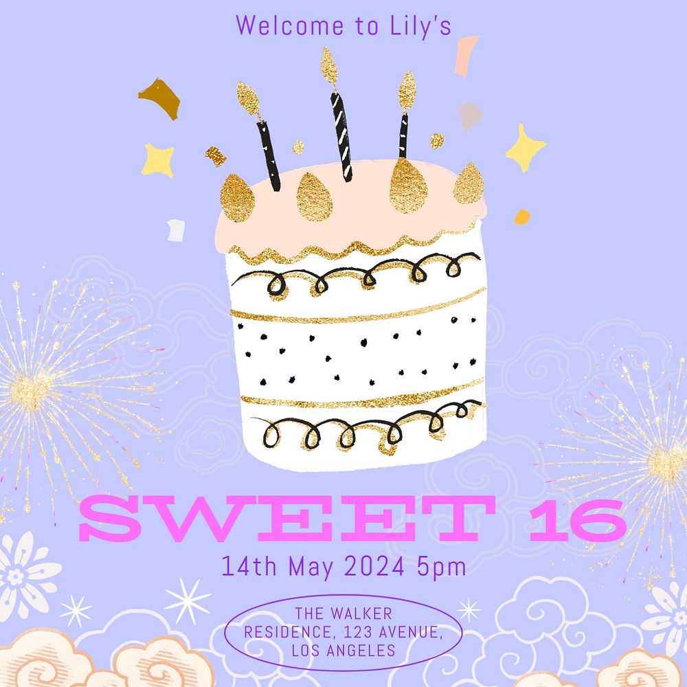 Sweet sixteen Instagram post template, editable text