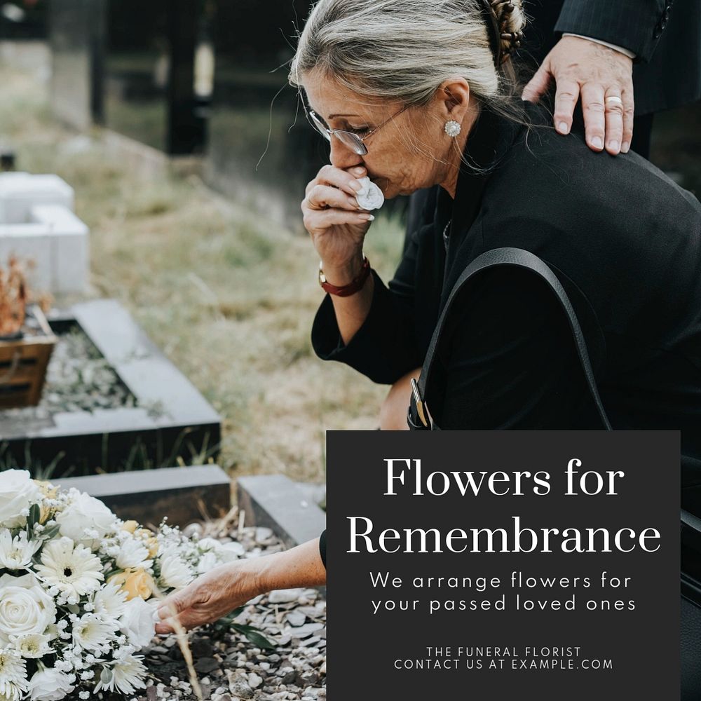 Funeral flowers Instagram post template, editable text