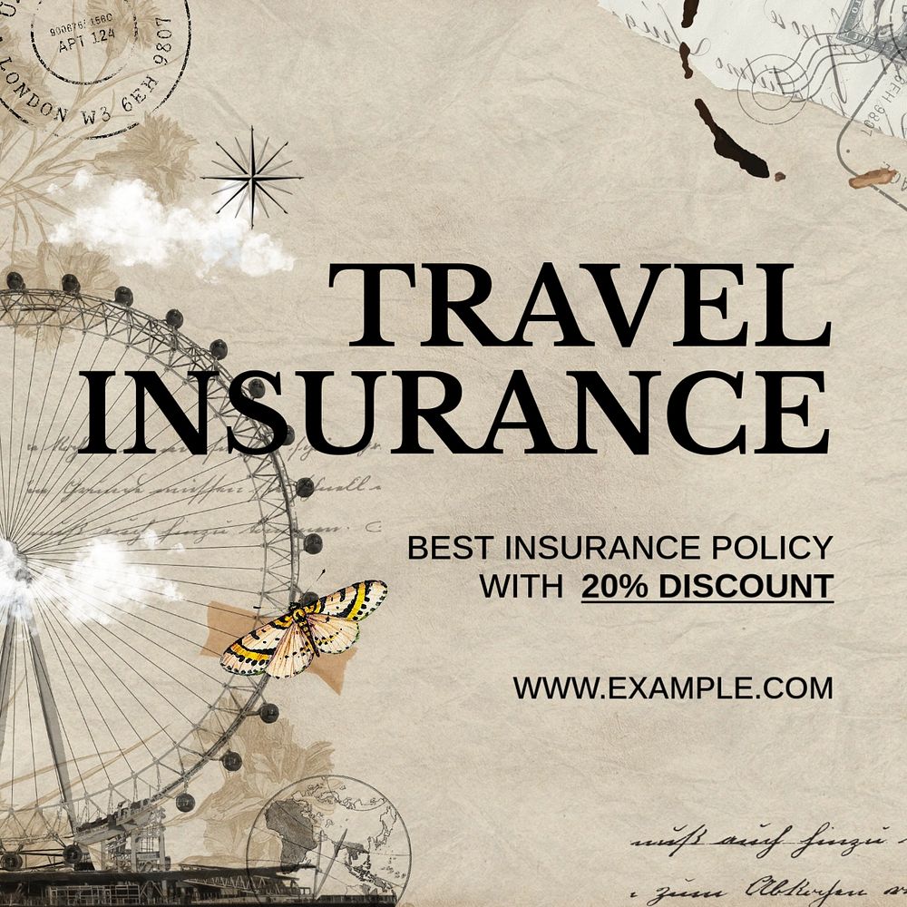 Travel insurance Instagram post template,  vintage Ephemera collage