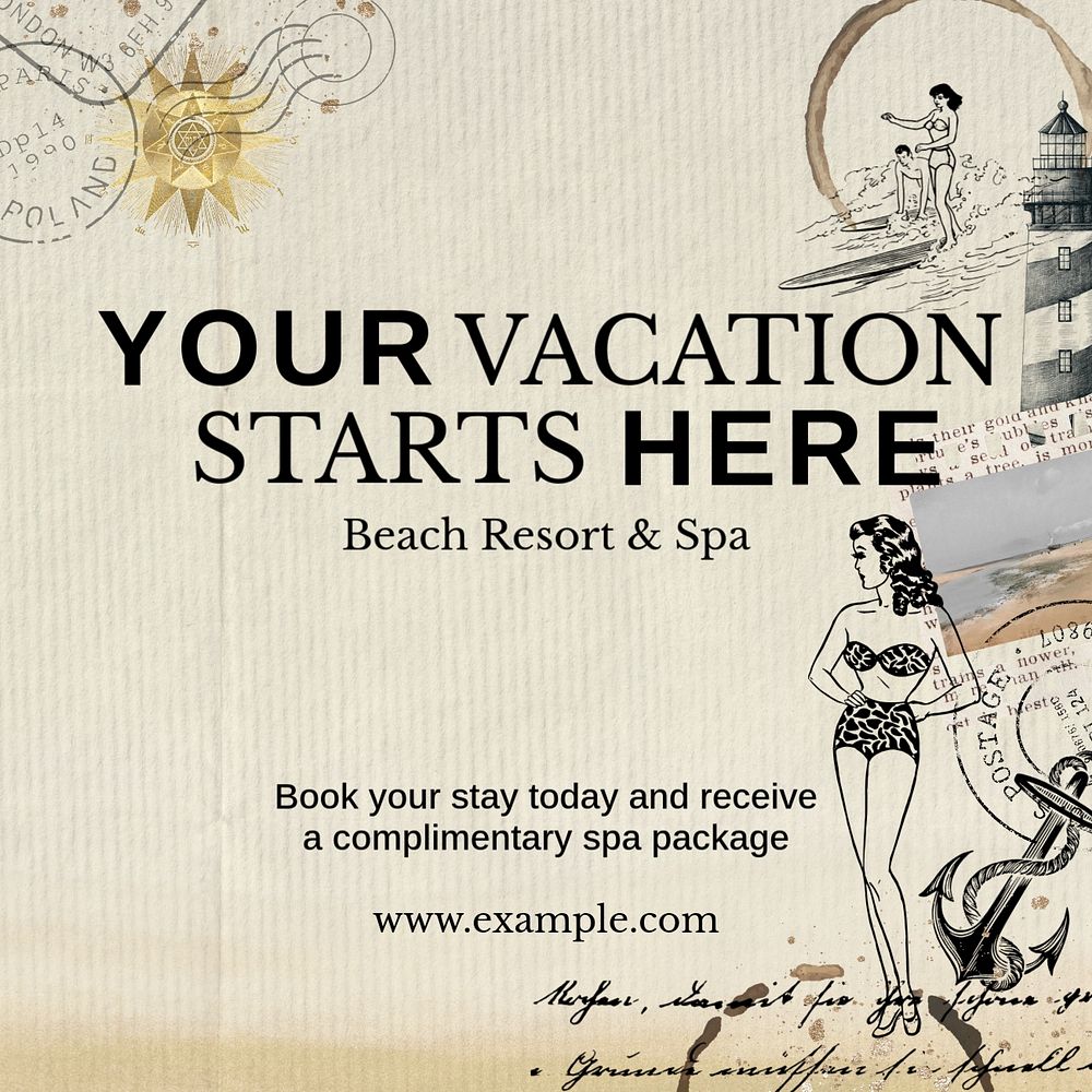 Travel vacation Instagram post template,  vintage Ephemera collage