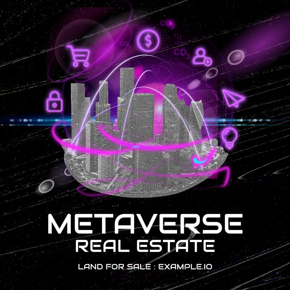 Metaverse property Facebook post template, editable retro future design