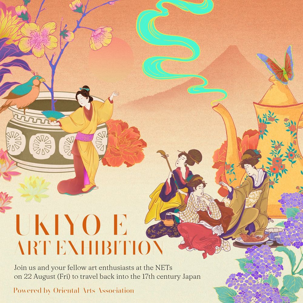 Ukiyo-e exhibition Facebook ad template, customizable vintage design