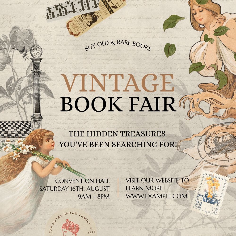 Vintage book fair Instagram ad template, vintage ephemera remix